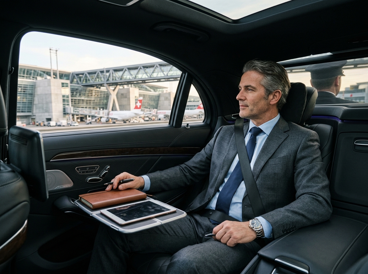 Executive business traveler inside luxury chauffeur vehicle at airport