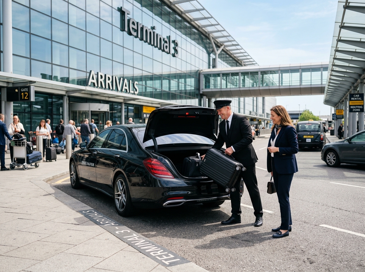 Chauffeur loading luggage into executive vehicle trunk